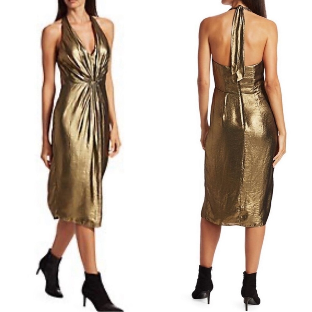 Halston Georgette Antique Gold Halter Neck Dress Size 14